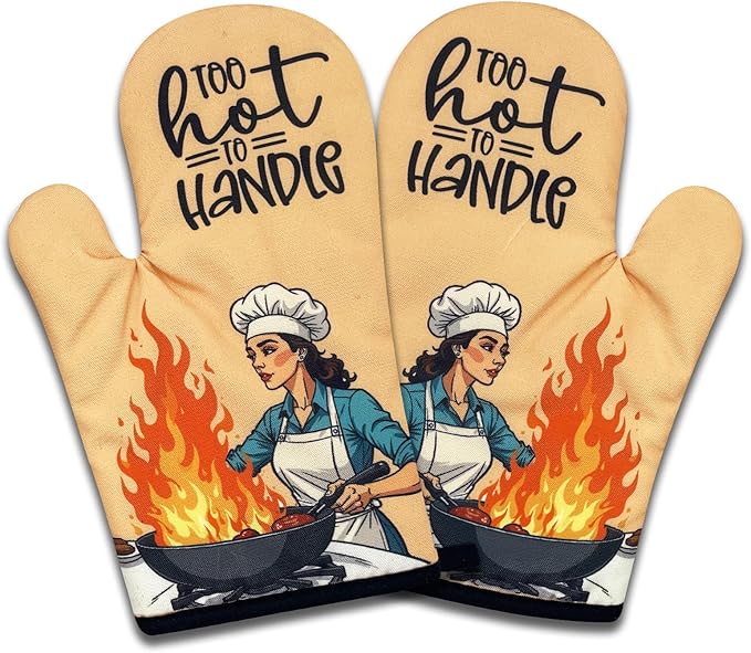 2 Pack Funny Oven Mitts for Women, Too Hot to Handle, Vintage Lady Heat Resistant Silicone Non-Slip Mitts, Sarcastic Baking Gifts for Hostess, Housewarming Gifts for Chef Friend Cook Lover