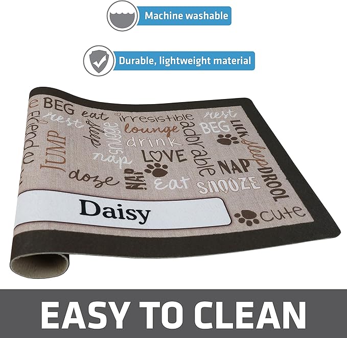 Drymate Personalized Pet Bowl Placemat, Custom Dog & Cat Food Feeding Mat - Absorbent Fabric, Waterproof Backing - Machine Washable/Durable (USA Made) (12" x 20") (Linen Tan)