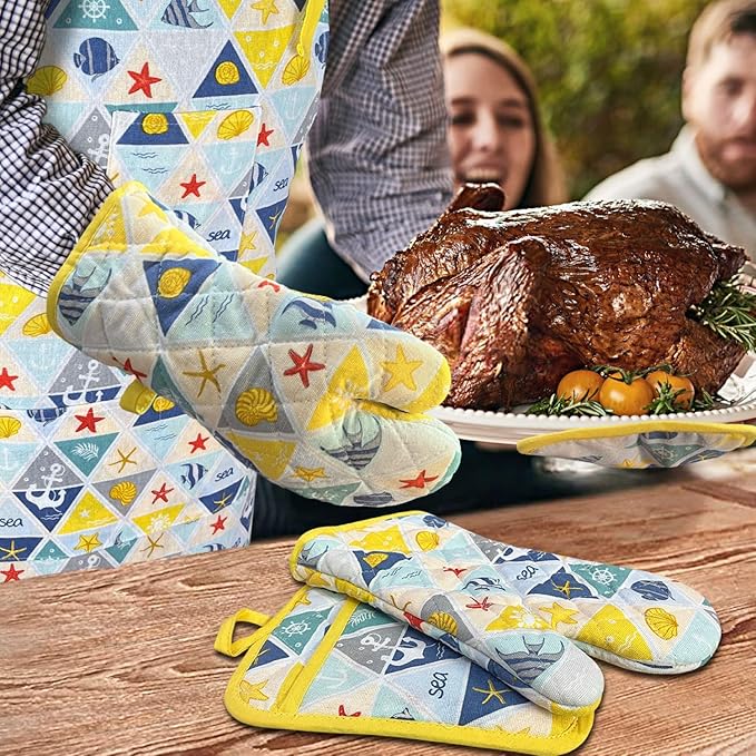 Oven Mitts and Pot Holders with Chef Apron,Set of 5 Heat Resistant Kitchen Gloves and Silicone Non-Slip Potholders Adjustable Neck Buckle Apron, Cotton Nice Design for Cooking (Sea Fish)