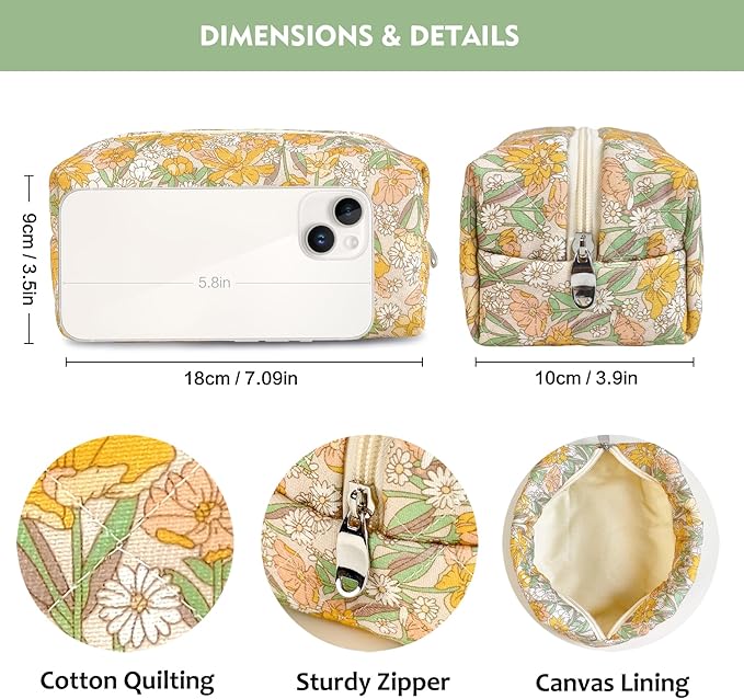 STARDW Cute Quilted Floral Makeup Bag for Women, Large Capacity Travel Toiletry Bag with Zipper and Canvas Lining