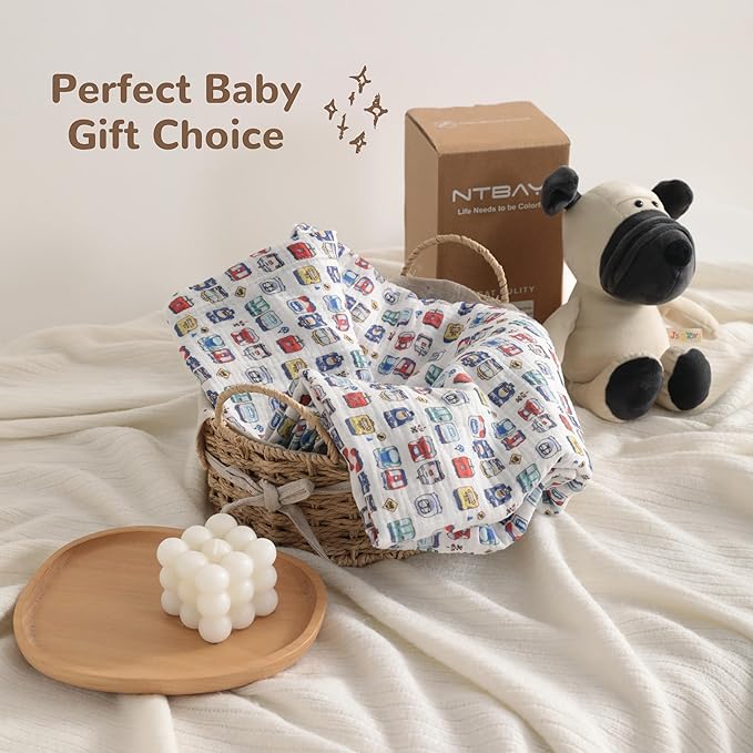 NTBAY 4 Layer Muslin Cotton Toddler Blanket, 30x40 Soft and Breathable Receiving for Newborns and Infants, Perfect for Crib, Stroller, Travel, Lightweight Nursery Blanket, Cartoon Train
