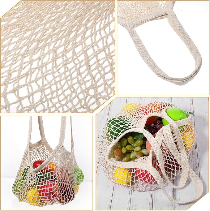 Nodaaiie 12 Pack Reusable Cotton Mesh Grocery Bags Farmers Market Bag Eco-Friendly Washable Net Tote Bag with Long Handles for Fruits, Vegetables, Shopping, and Beach (Beige, 23.6"×14")