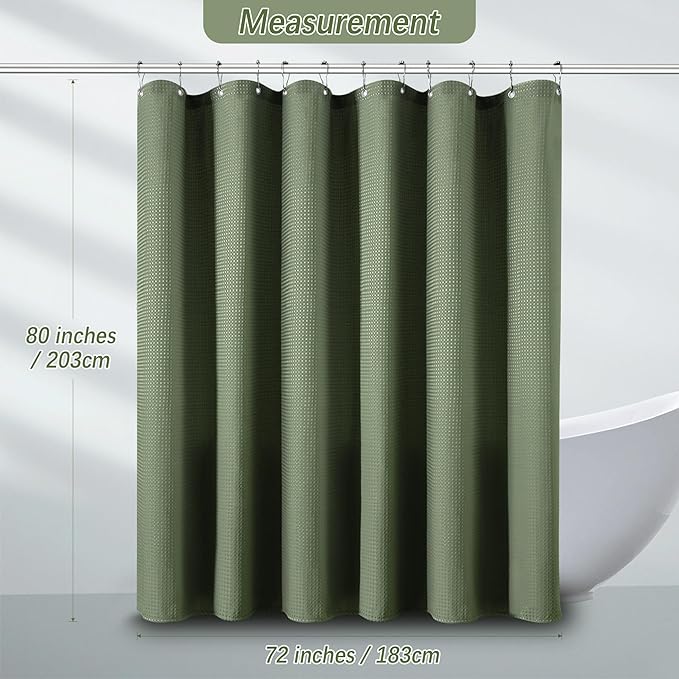 PANGSINNE Sage Green Shower Curtain for Bathroom Waffle Textured Heavy Duty 80 Inch Shower Curtain Set for Bathroom, Water Repellent 256GSM Neutral Fabric Shower Curtains with 12 Metal Hooks, 72Wx80H