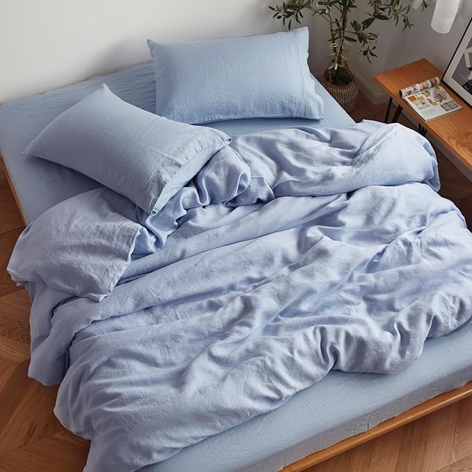 Sijo Stone Washed Organic French Linen Bed Sheet Set, GOTS Certified Organic, Best Cooling Linen Sheet Award by Sleep Foundation, 3 Piece - 2 Pillowcases and 1 Fitted Sheet (Sky, Cal King)