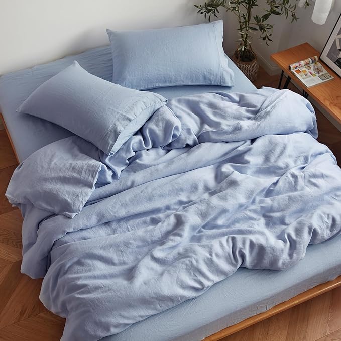 Sijo Stone Washed Organic French Linen Bed Sheet Set, GOTS Certified Organic, Best Cooling Linen Sheet Award by Sleep Foundation, 3 Piece - 2 Pillowcases and 1 Fitted Sheet (Sky, Full)