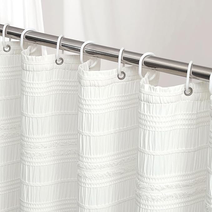 Siiluminisoy Extra Long Farmhouse White Boho Shower Curtain 72 x84 Cotton Blend Tufted Fabric Waffle Textured Shabby Chic Rustic Minimalist Striped Shower Curtains for Bathroom, Hotel