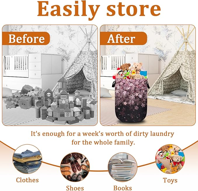 Pink Cherry Blossom Laundry Basket with Sturdy Handles, Glitter Flower Collapsible Oxford Cloth Laundry Hamper Organizer Basket for Bathroom Bedroom 15.7x20 Inch