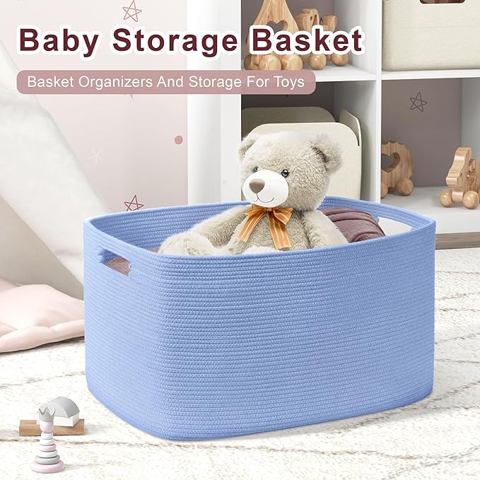 SunNewt 45L Small Baby Girls Laundry Basket for Nursery Storage,Cute Woven cotton Rope Baskets for Kids Toy，Gifts, Boho Square Wicker Blanket hamper for Living Room,Bedroom Dirty Clothes,Blue Purple