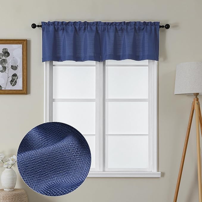Lecloud Bessie Blue Valance for Windows 14 Inch Length 2 Pcs, Faux Linen Textured Cafe Small Curtains, Retro Rod Pocket Short Curtains for Bedroom Bathroom Basement, Each 30 W x 14 L