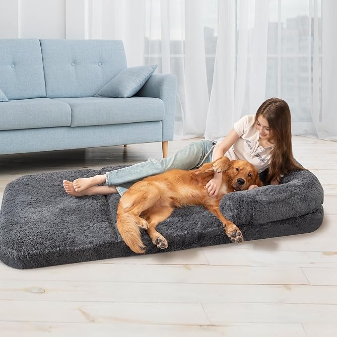 Foldable Human Dog Sofa Bed, 73x42x10 in Faux Fur Orthopedic Pet Bed with Egg Foam Mattress, Portable Dog Bed for Adults, Camping Indoor Use