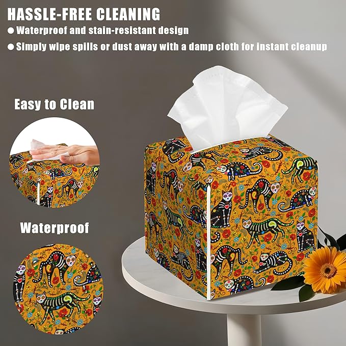BLYKVGHQ Day of The Dead Square Tissue Box Cover Sugar Skull Black Cats Tissue Box Holder Facial Cube Paper Dispenser Leather Decorative Organizer Home Office Desk Decor, 5.2"x5.2"x5.2"