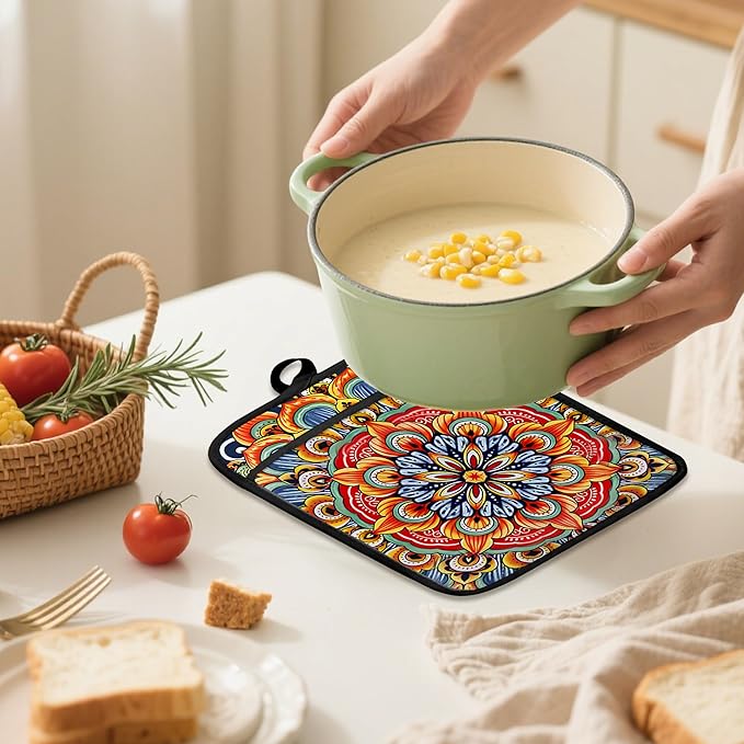 Boho Vibrant Mandala Floral Pot Holders 2 Pack Set, Vintage Hinduism Spiritual Folk Lotus Flower Mandala Heat Resistant Oven Hot Pads for Kitchen Countertop Baking，064 Potholder