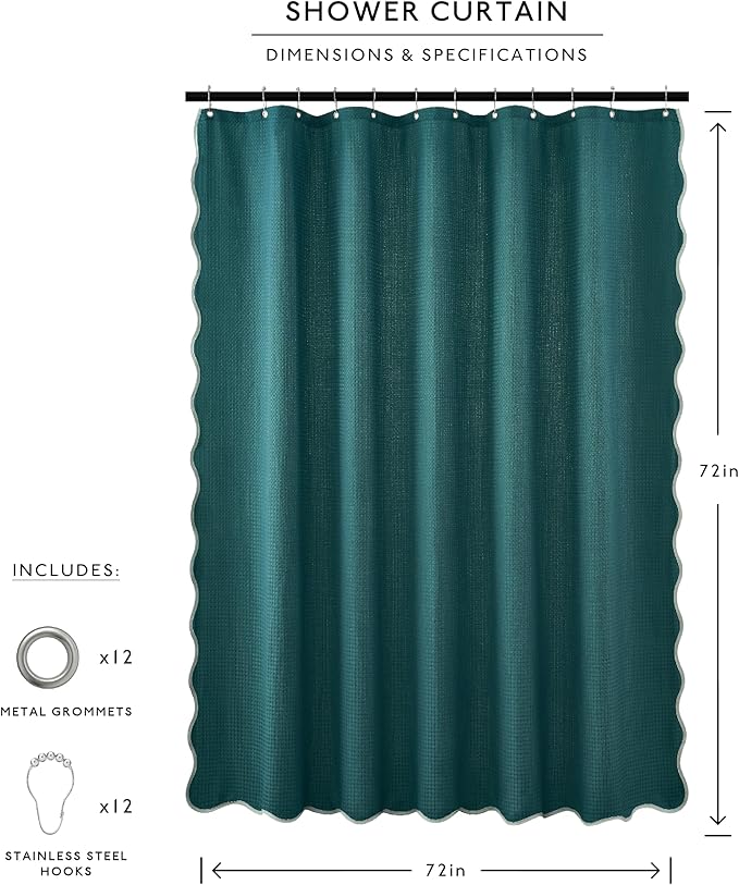 MONDAY MOOSE Scalloped Waffle Weave Shower Curtain with Rustproof Metal Grommet Holes for Bathroom, Machine Washable, Hooks Included (72x72 inch, Light Sage/Dark Teal)
