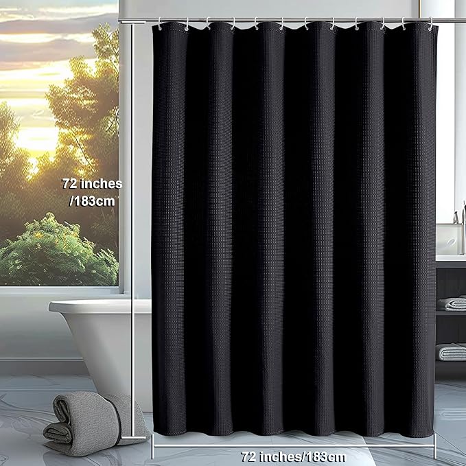 OVZME Black Shower Curtain Set, Waffle Textured Heavy Duty Fabric Shower Curtain for Bathroom, Luxury Hotel Weighted 230GSM Bath Curtain with 12 Plastic Hooks, Machine Washable, 72x72
