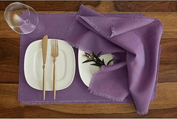Solino Home Linen Fringe Cloth Placemats Set of 4-100% Pure Linen Mulberry Placemats 14 x 19 Inch for Valentines, Spring, Easter