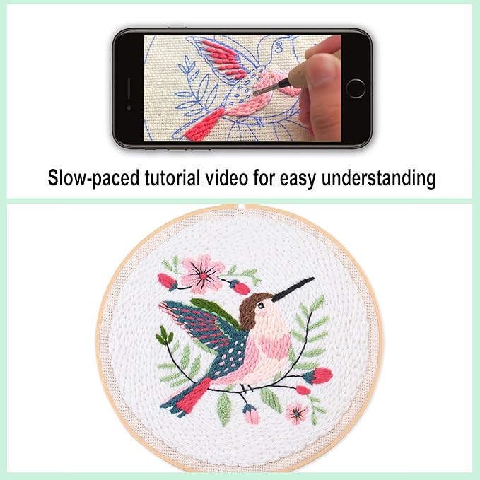 Myfelicity Punch Needle Embroidery Kit, Beginner Craft Set with Animal Pattern Design, 7.9 Inch Hoop (Hummingbird)