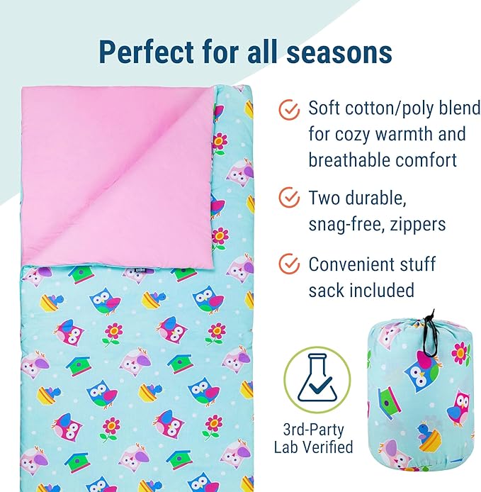 Wildkin Kids Sleeping Bag – Roll-Up Design with Storage Bag for School, Travel & Camping - Birdie