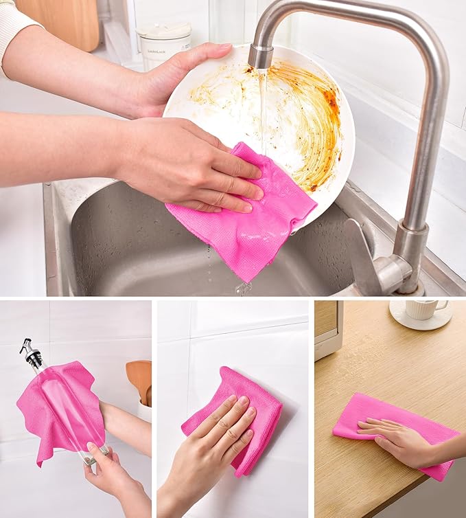 KitchLife Microfiber Cleaning Cloth Roll, 100 Pack - Tear-Away Microfiber Paper Towels, Lint-Free, Reusable, Washable for Kitchen, Car, Dishes, and Sensitive Surfaces (Hot Pink)