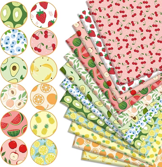 JarThenaAMCS 12Pcs Fruit Cotton Fabric Bundles Colorful Fruit Theme Fat Quarter Summer Quilting Patchwork for DIY Handmade Sewing Crafting, 18 x 22 Inch