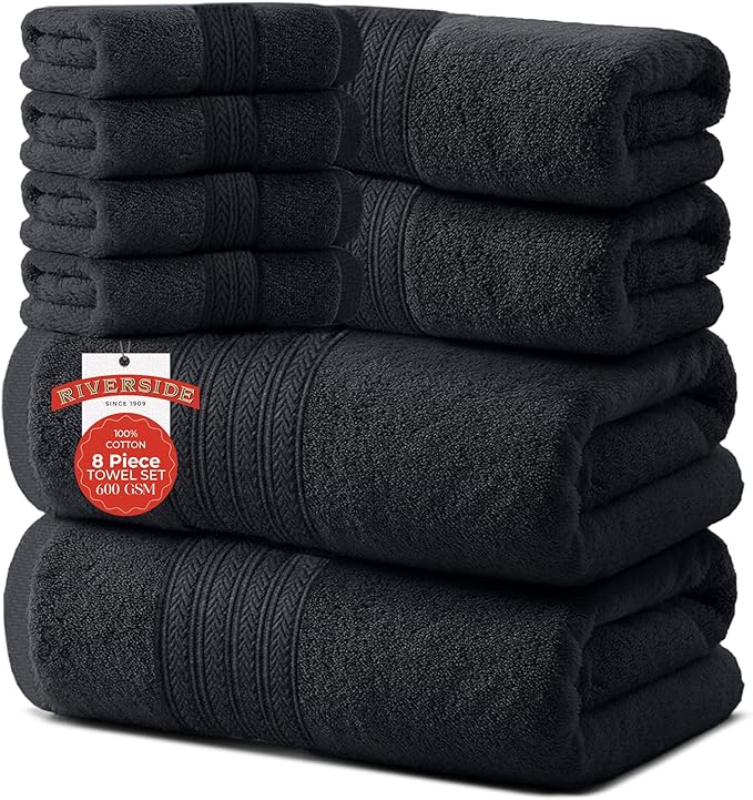 RIVERSIDE Pack of 8 Towels Set, 2 Large Bath, 2 Hand, 4 Face Washcloths, 100% Cotton Hotel Quality, Super Soft, Quick Dry, Highly Absorbent Perfect for Bathroom, Charcoal