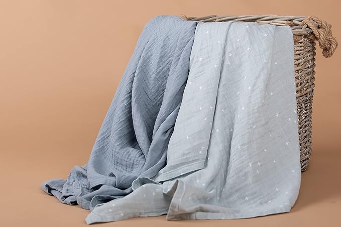 Sticky Toffee Muslin Swaddle Baby Blanket, Blue Gray Stars, 47 x 47 in, Soft Breathable Oeko-Tex Cotton Newborn Wrap and Receiving Blanket