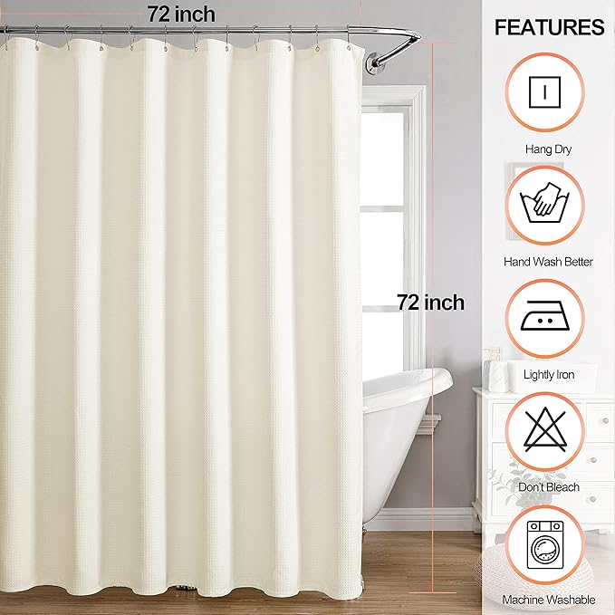 MISS SELECTEX Machine Washable Cloth Shower Curtain, Matt Waffle Durable Thick Cloth Shower Curtain for Bathroom,Premium Water Repellent Fabric Luxury Spa Hotel Shower Curtain(72Wx78H,Ecru/Beige)