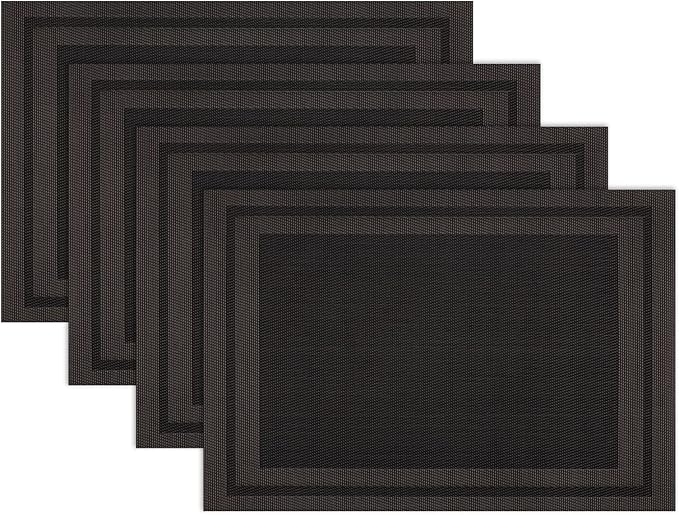 Winknowl Placemats Set of 4，Heat Resistant Woven Vinyl Washable PVC Place Mats，Non-Slip Stain Resistant Indoor/Outdoor Table Mats for Dining Table (Black Brown)