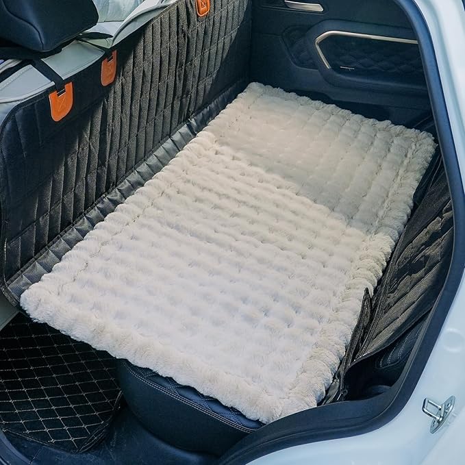 AEEISHOMEREFORM Dog Car Seat Cover for Back Seat, Plush Dog Bed Mat for Car, Fit for Backseat Extenders, Travel Pet Mat, Nonslip Soft Pet Pad for Cars Trucks and SUVs (Khaki, 24.8x54 inch)