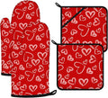 White Love Hearts Oven Mitts and Pot Holders Sets 4Pcs,Extra Long Oven Gloves Potholder for Kitchen Cooking Baking BBQ 100% Cotton Heat Resistant