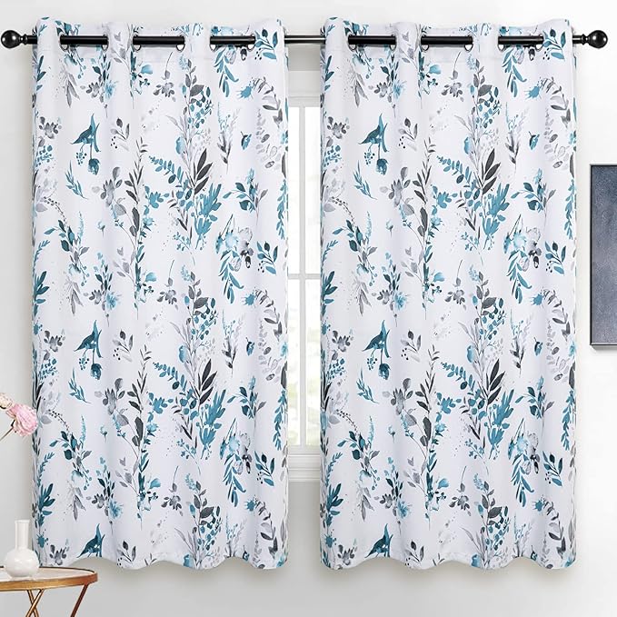 MYSKY HOME Floral Blackout Curtains for Kitchen Room Darkening Thermal Insulated Panels 54 Inch Long Light Blocking Grommet Rustic Curtains for Dormer Window, 2 Panels, Turquoise