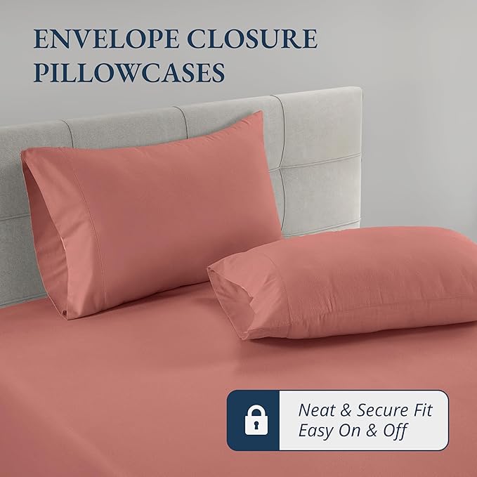 LANE LINEN Twin XL Fitted Sheet, 100% Organic Cotton 2-Piece Set (1 Fitted Sheet, 1 Pillowcase), Percale Weave, Soft, Breathable, Fits Mattress Upto 15" Deep - Rose Dawn (No Flat Sheet)