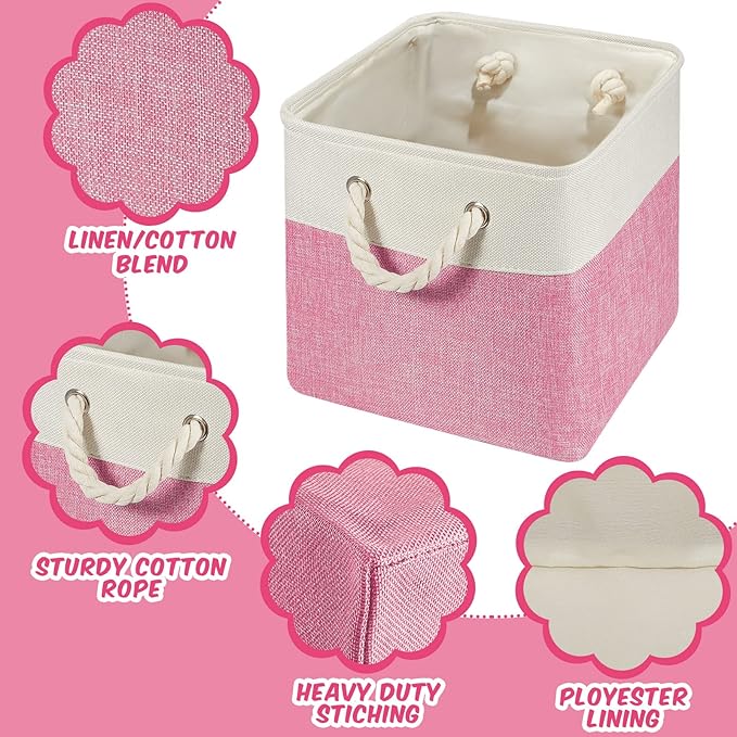Geiserailie 6 Pcs 11 x 11 Inch Cube Storage Bins Fabric Storage Organizer Bins Foldable Cube Baskets with Sturdy Carry Handles Wicker Baskets for Home (Pink and White)