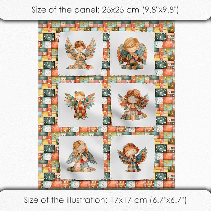 ‍ Patchwork Angel Cotton Fabric Panel – 6 Designs (10×10 inch Each) + Bonus Sheet 29.5×19.6 inch, 100% Cotton 140 GSM, Made in Türkiye