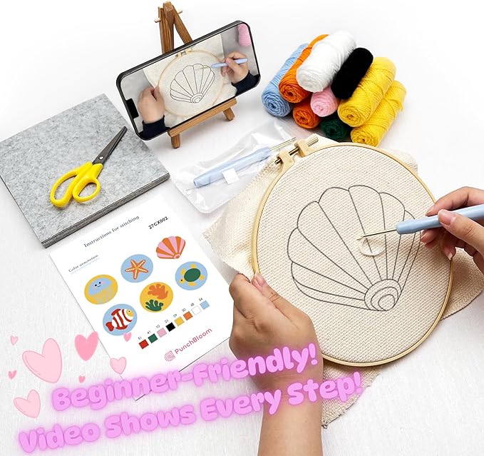 Punch Needle Coaster Kit for Adults Beginners, Easy Punch Embroidery Starter Set with Instructions – Fun Mug Rug Making Kit for Table Decor & Festival DIY Gifts (6pcs Marine Life)