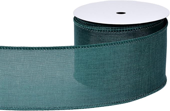 Ribest Forest Green Linen Wired Ribbon, 2.5 Inch × 10 Yard, Burlap Wire Ribbon for Wreaths Bows Making Crafts Christmas Tree Decoration Gift Wrapping