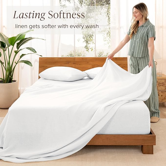 Bare Home Full Sheet Set - Luxury 100% European Linen - Deep Pockets - Easy Fit - 4 Piece Set - Bedding Sheets & Pillowcases (Full, Soft White)