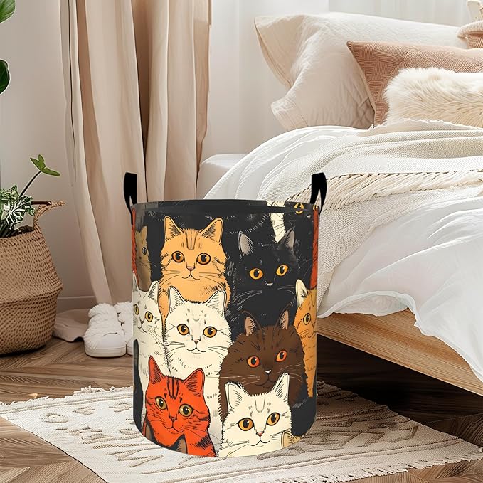 ainori Playful Cat Laundry Basket, Oxford Cloth Cute Whimsical Feline Dirty Clothes Collapsible Hamper for Room Decor, Kitten Print Gifts Toy Organizer 19.7 * 15.8 Inch for Bedroom Bathroom Dorm