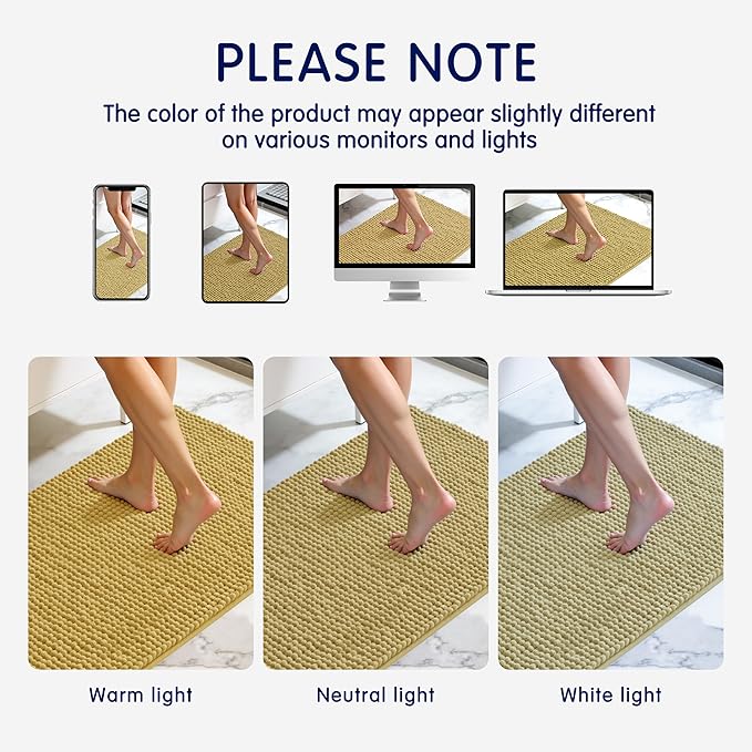SUBRTEX Bathroom Rugs Chenille Bath Rug, Soft Short Plush Bath Mat, Water Absorbent Shower Mat, Quick Dry Machine Washable(Yellow, 24" x 60")