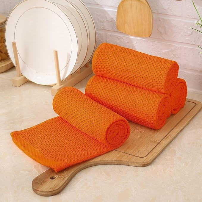 Kitinjoy 100% Cotton Waffle Weave Kitchen Towels, 8-Pack Super Soft and Absorbent Dish Towels for Drying Dishes, Kitchen Hand Towels, 13 in x 28 in, Orange