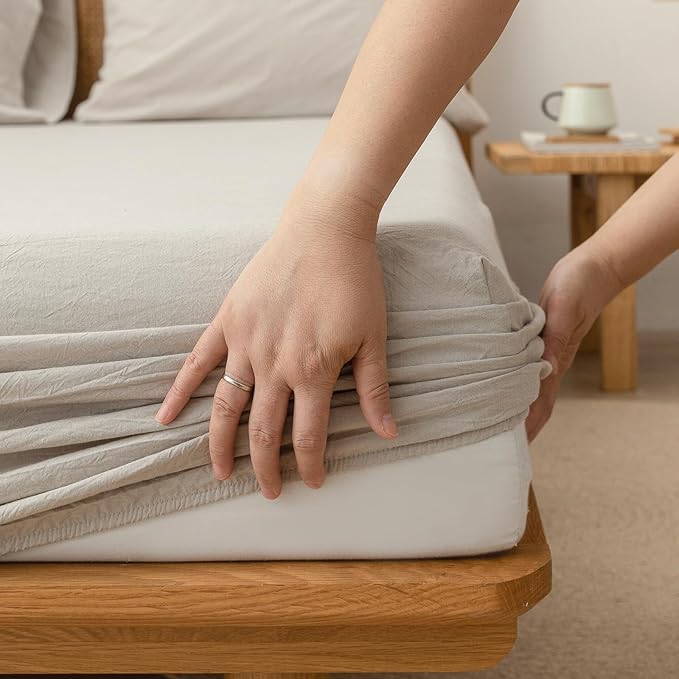BESTOUCH Sheet Set 100% Washed Cotton Linen Feel Super Soft Comfortable Chic Lightweight 3 Pcs Home Bedding Set Solid Linen Grey Twin