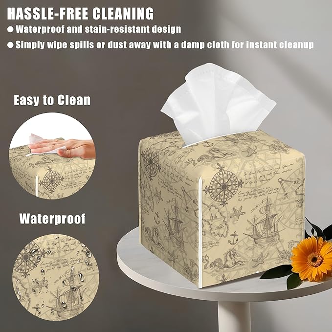 Sailboat and Sea Monster Leather Tissue Box Holder Vintage Nautical Map Tissue Box Cover Facial Paper Case Organizer Cube Napkin Dispenser for Bathroom Vanity Countertop Night Stand Office Car