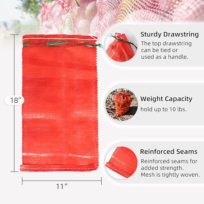 deebree 10 lb Mesh Onion Bags 100pcs, 11"×18" Mesh Produce Bags Hanging Reusable Breathable Vegetable Storage Net Bag with Drawstring for Onions Potatoes Citrus Crawfish, Red (Pack of 100)