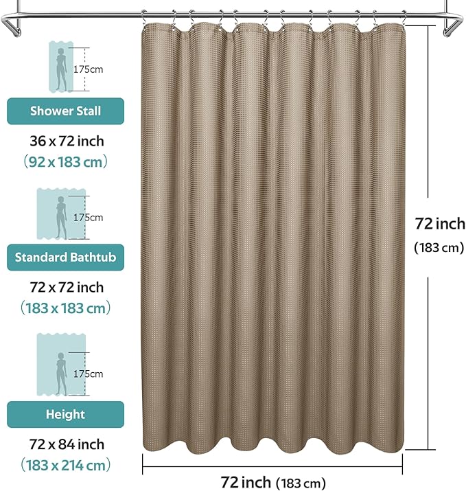 Vipfree 3 in 1 Shower Curtain Set, Waffle Shower Curtain and Liner Set with 12 Double Sided Shower Curtain Hooks, 258GSM Luxury Weighted Cloth Shower Curtains for Bathroom, 72 W x 72 H, Beige