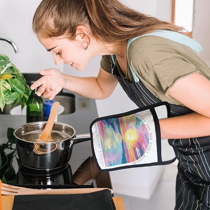 Inspirational Boho Christian Pot Holders for Kitchen, Bible Verse Gifts, His Mercies are New Every Morning Religious Heat Resistant Hot Pads and Oven Mitts for Baking Cooking