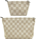 fahombag 2 Pcs Checkered Makeup Bag Set Canvas Cosmetic Pouch for Women Large & Small Cute Preppy Aesthetic Travel Toiletry Pouch Organizer for Purse Skincare Brushes, Khahi