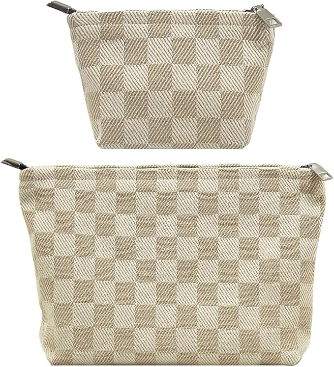 fahombag 2 Pcs Checkered Makeup Bag Set Canvas Cosmetic Pouch for Women Large & Small Cute Preppy Aesthetic Travel Toiletry Pouch Organizer for Purse Skincare Brushes, Khahi