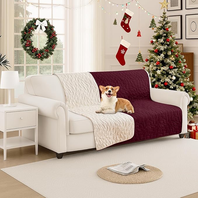 CYCMACO Waterproof Dog Bed Cover, Non-Slip Dog Blanket for Couch, Couch Covers for Dogs Washable, Pet Blanket for Furniture, Pet Bed Mat for Sofa, Car, Pet Supplies Christmas (52x82 Inch, Burgundy)