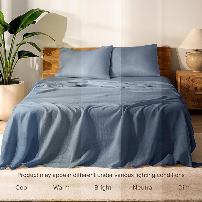 Bare Home Queen Sheet Set - Luxury 100% Linen Bed Sheets - Deep Pockets - Easy Fit - 4 Piece Set - Bedding Sheets & Pillowcases (Queen, Indigo)