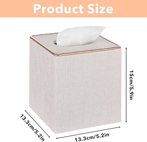 2 Pack Square Linen Tissue Box Covers, Beige Cube Tissue Holder with Magnetic Bottom & Flannel Lining, Decorative Modern Organizer for Home Office Car Vanity