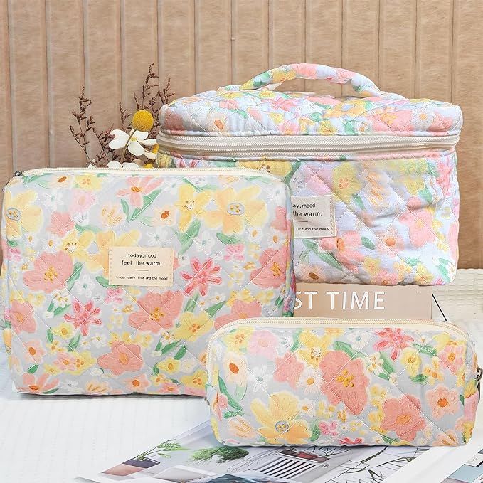 Cozomga Quilted Makeup Bag, Large Capacity Travel Cosmetic Bag for Women and Girls, Aesthetic Storage for Daily and Travel Use (3pcs-floweroilpainting Print)
